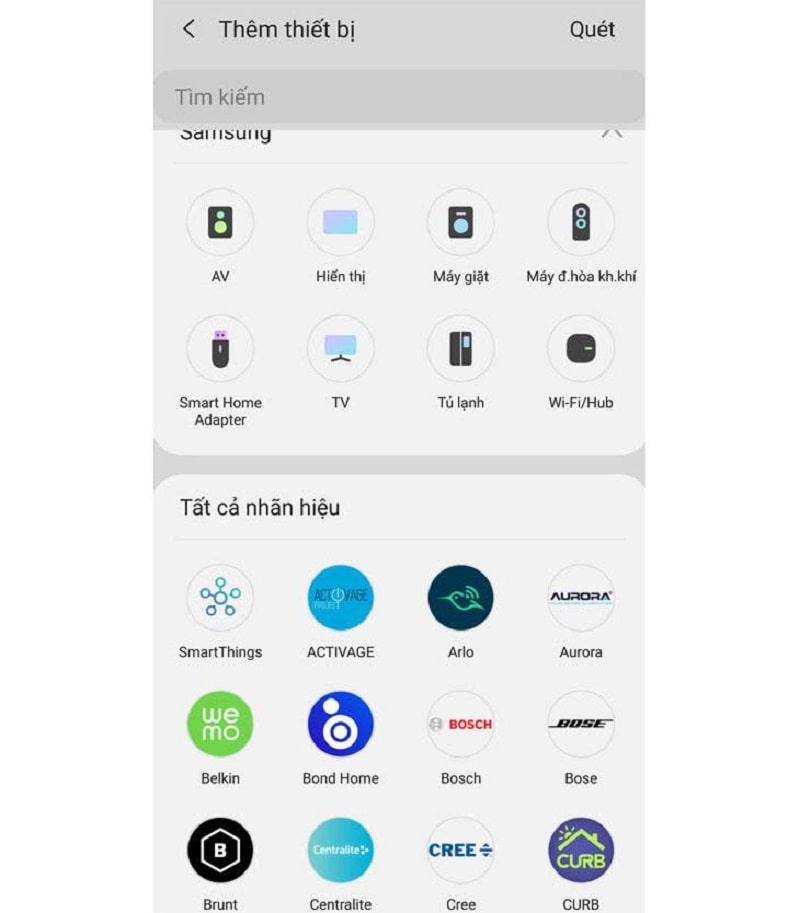 Các thiết bị kết nối trên ứng dụng Samsung Smartthings